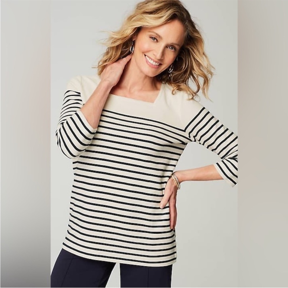 J. Jill Wearever Ottoman Square Neck Top, Cream/Navy Stripe, NWT, Medium